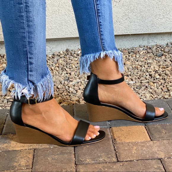 Black Summer Leather Kitten Heel Wedge Sandal - Picture 12 of 13